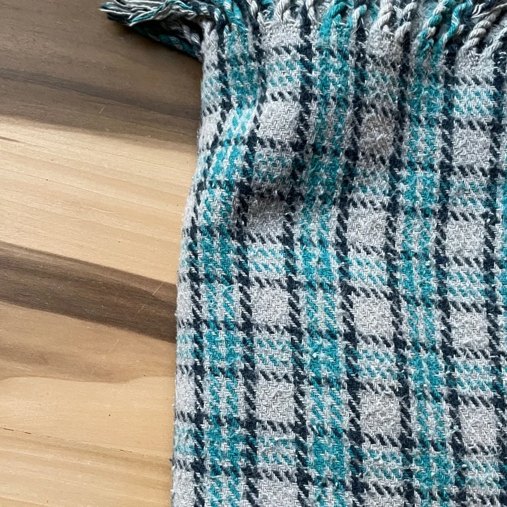 West Elm Plaid Fringe Throw Blanket | 50x70in | Blue & Gray